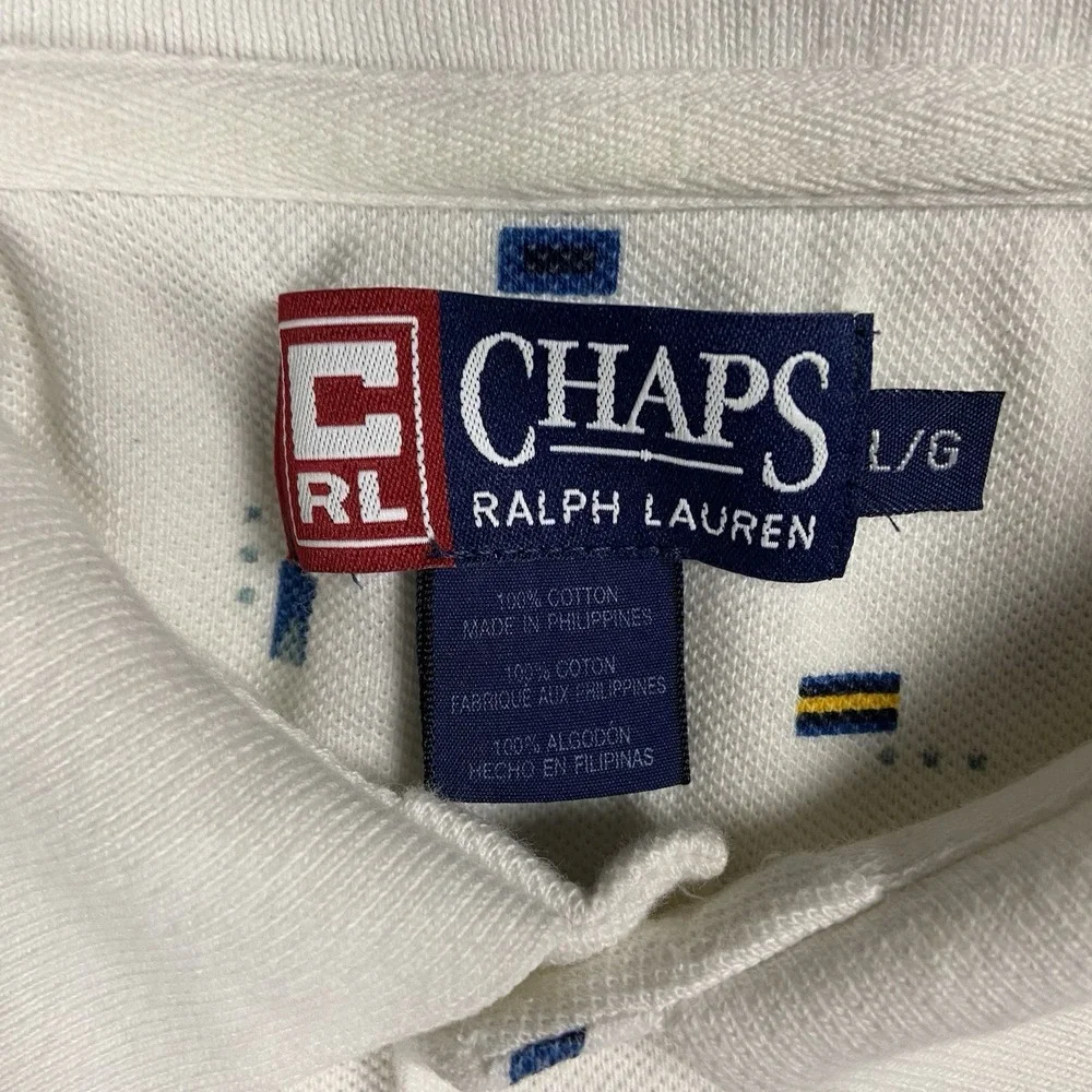 Vintage 90s Chaps Ralph Lauren Polo Shirt Size Large White Nautical Flag Pattern